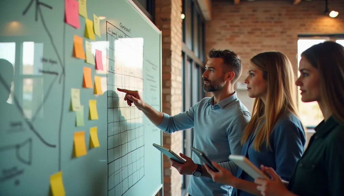 Équipe marketing en réunion de travail pour construire un calendrier éditorial de marketing and content sur un tableau blanc collaboratif