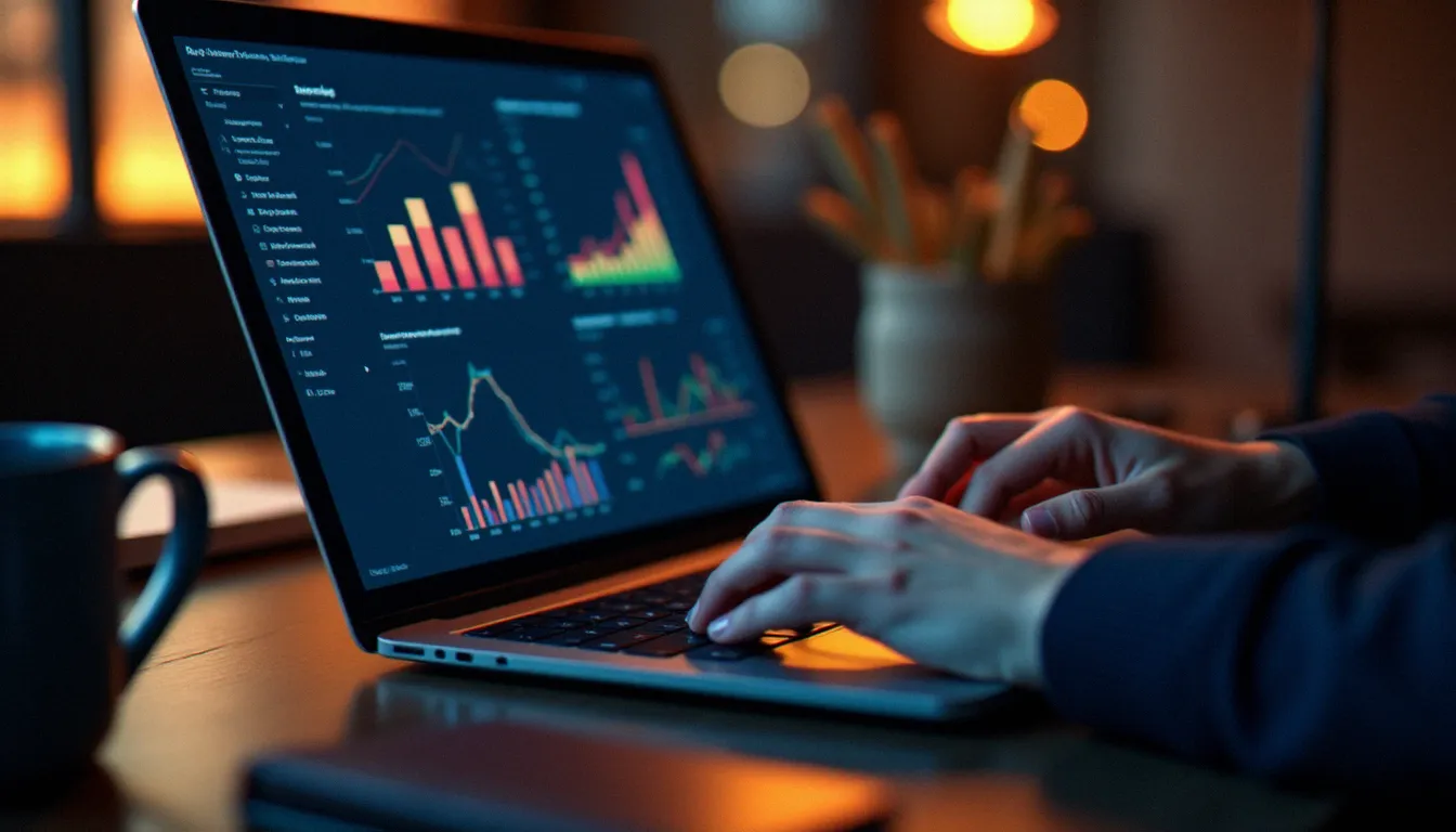 Analyse des indicateurs de performance d'une stratégie de marketing and content sur un tableau de bord analytique dans un bureau moderne