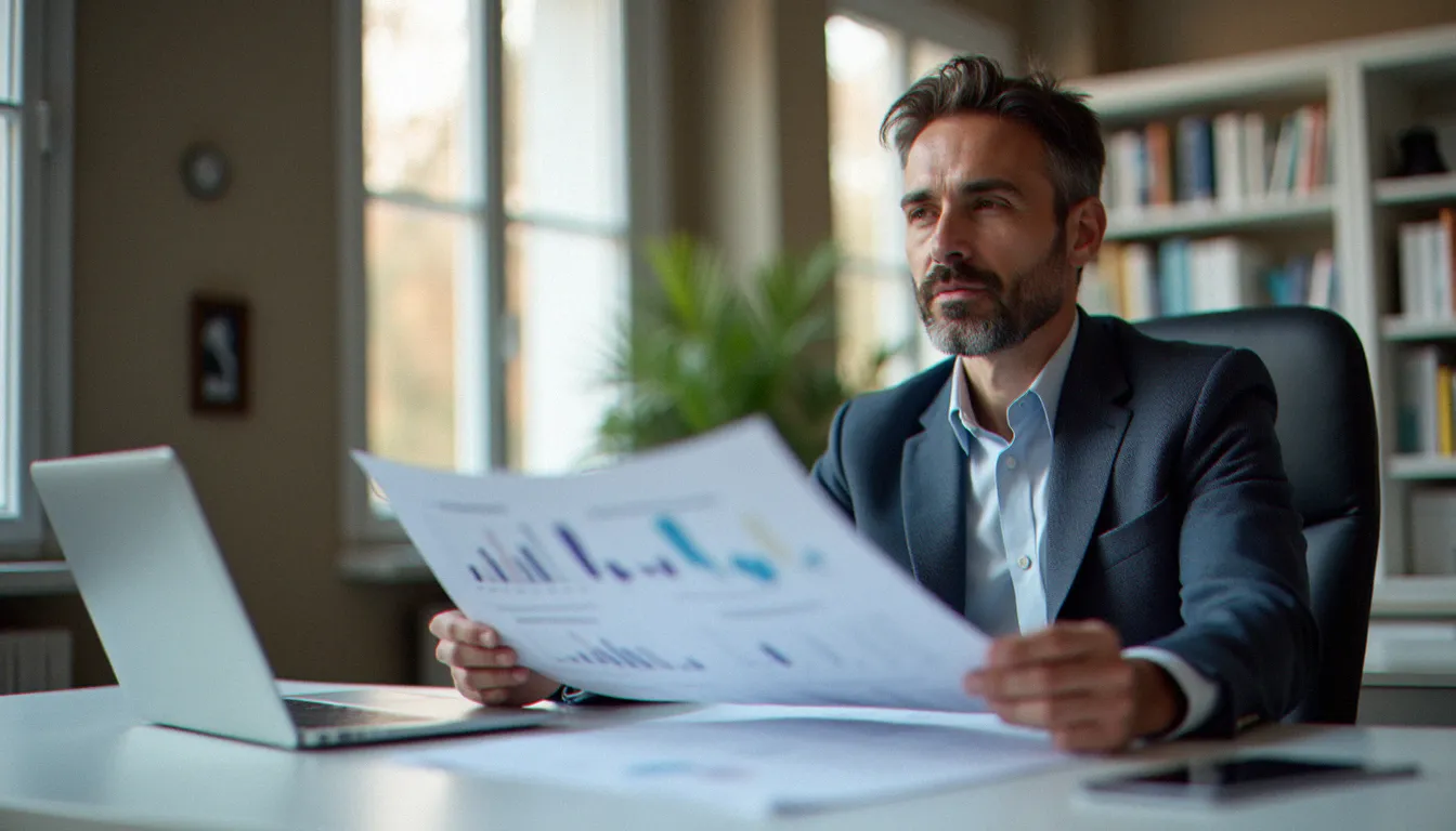 Consultant en marketing and content analysant une stratégie éditoriale B2B sur un bureau moderne dans un bureau parisien lumineux