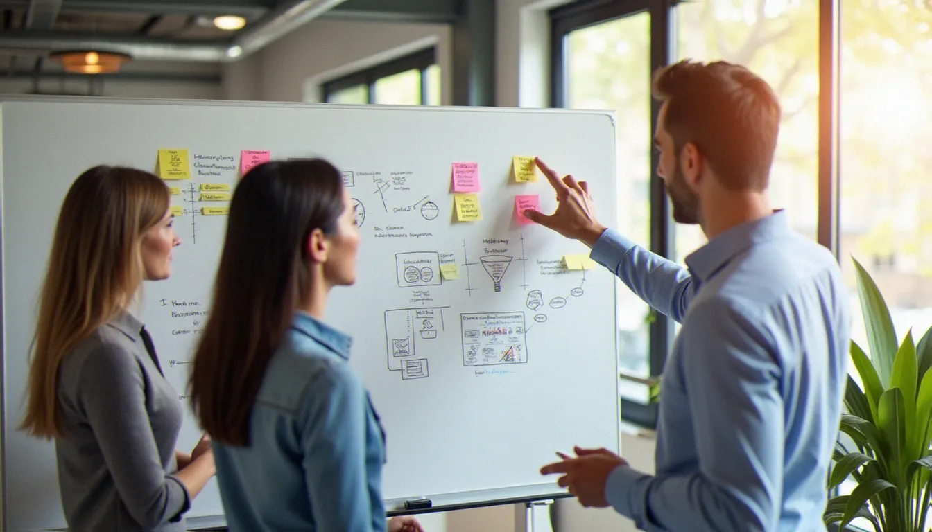 Une équipe marketing en session de travail collaboratif autour d'un tableau blanc avec des schémas de funnel et de parcours client