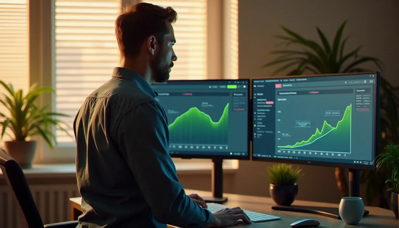 Un analyste mesurant le retour sur investissement d'une stratégie marketing de contenu sur plusieurs écrans affichant des courbes de performance en hausse