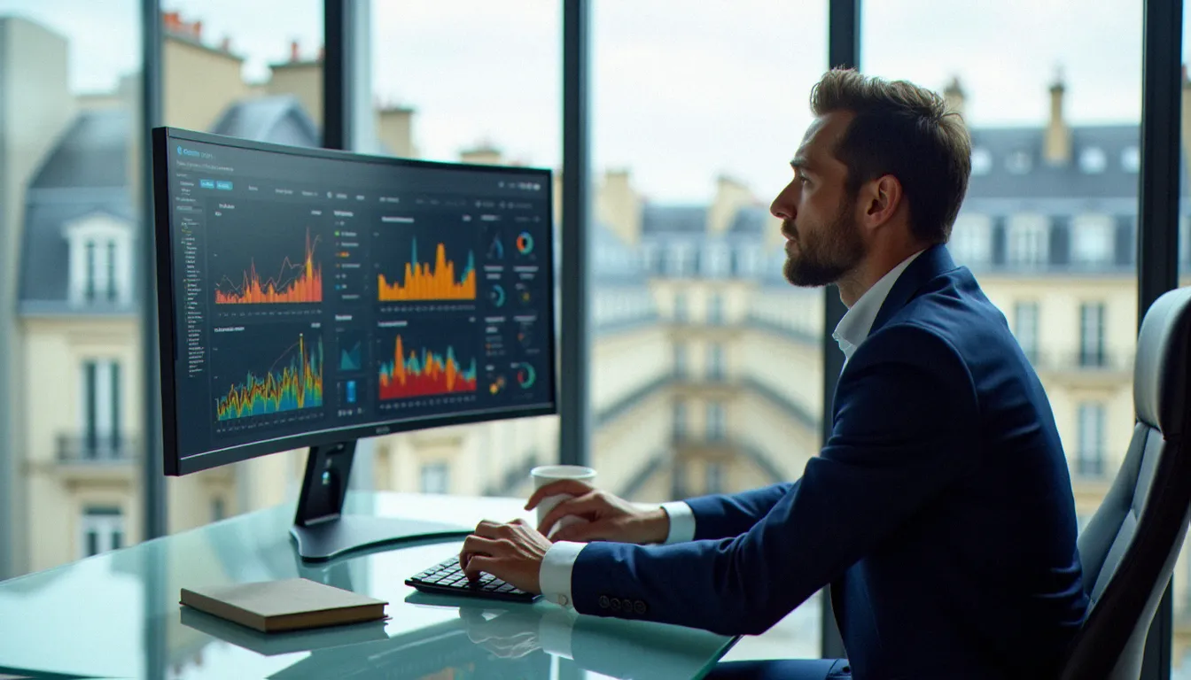 Consultant en marketing digital analysant des tableaux de bord de performance dans un bureau moderne parisien avec vue sur les toits haussmanniens