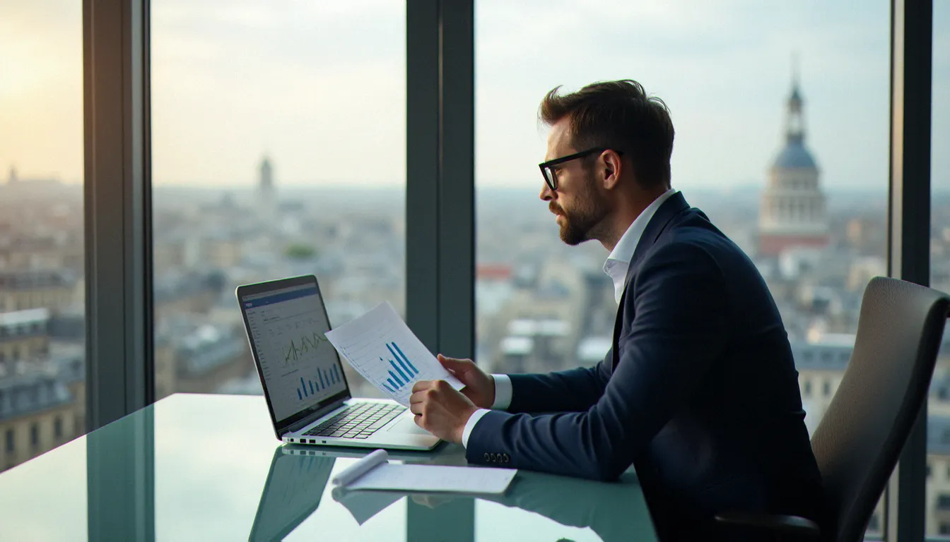 Un consultant marketing analysant une stratégie dans un bureau parisien moderne avec des tableaux de bord analytiques sur son ordinateur
