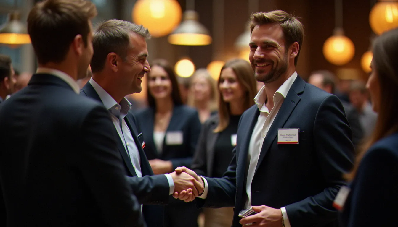 Deux entrepreneurs scellant un accord commercial lors d'un événement de networking professionnel, illustrant la dynamique relationnelle au cœur du marketing network marketing