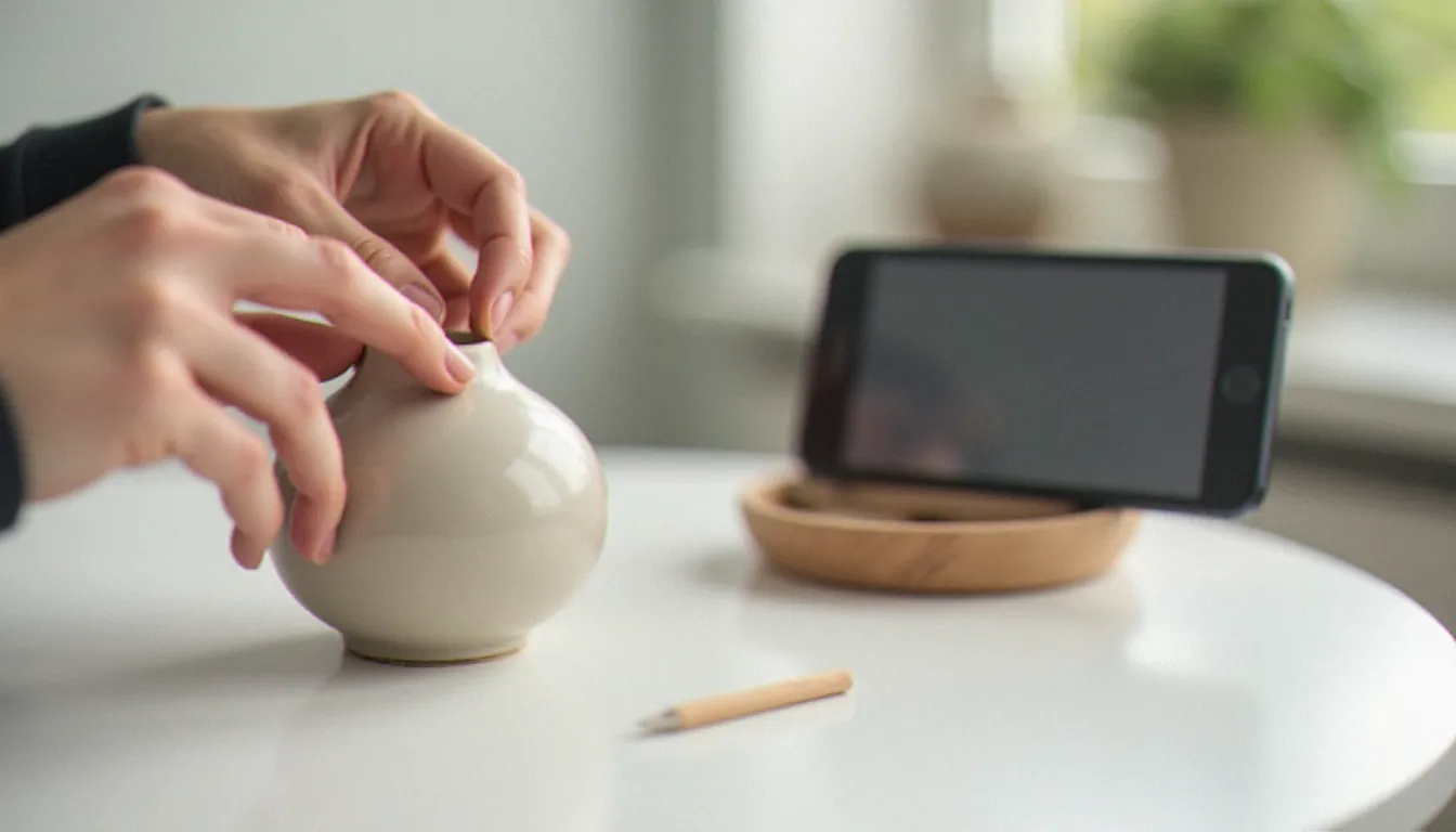 Préparation d'une annonce sur la marketplace Facebook avec mise en scène d'un produit artisanal sur fond blanc