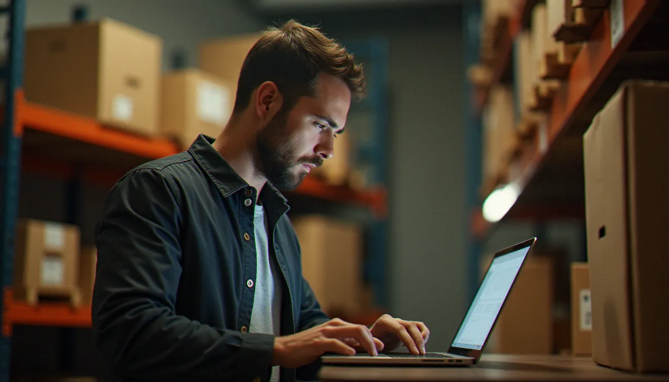 Un entrepreneur gérant son catalogue de vente en ligne depuis son entrepôt, illustrant l'intégration de la marketplace Facebook dans une stratégie digitale globale