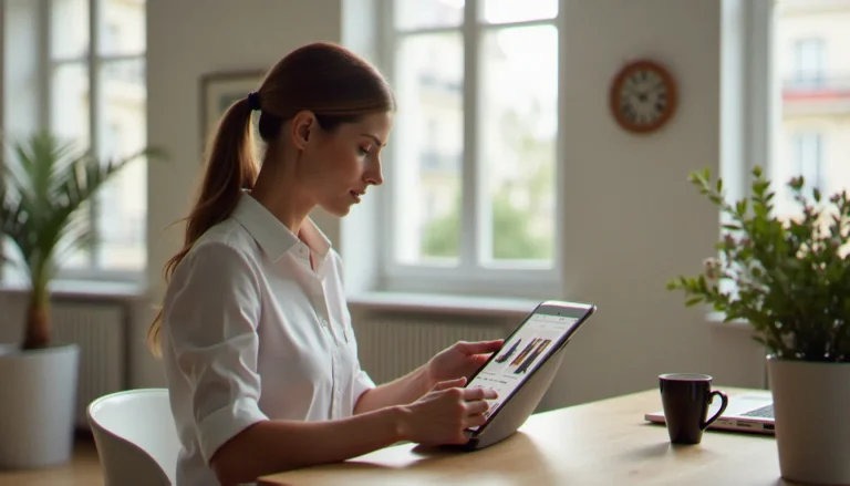 Une professionnelle consultant des annonces sur la marketplace Facebook depuis sa tablette dans un bureau moderne et lumineux