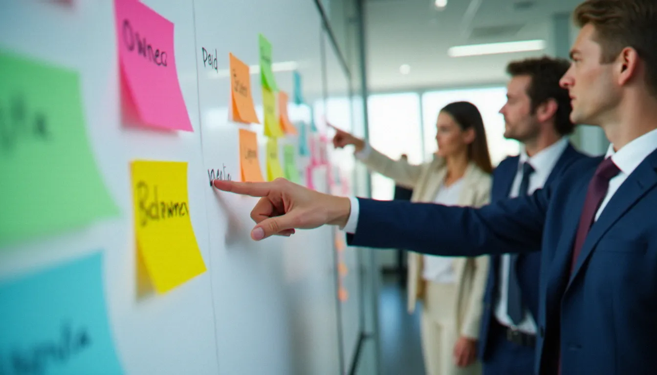 Tableau de planification stratégique illustrant la cohérence entre les trois piliers d'une approche media and media dans un atelier de travail professionnel