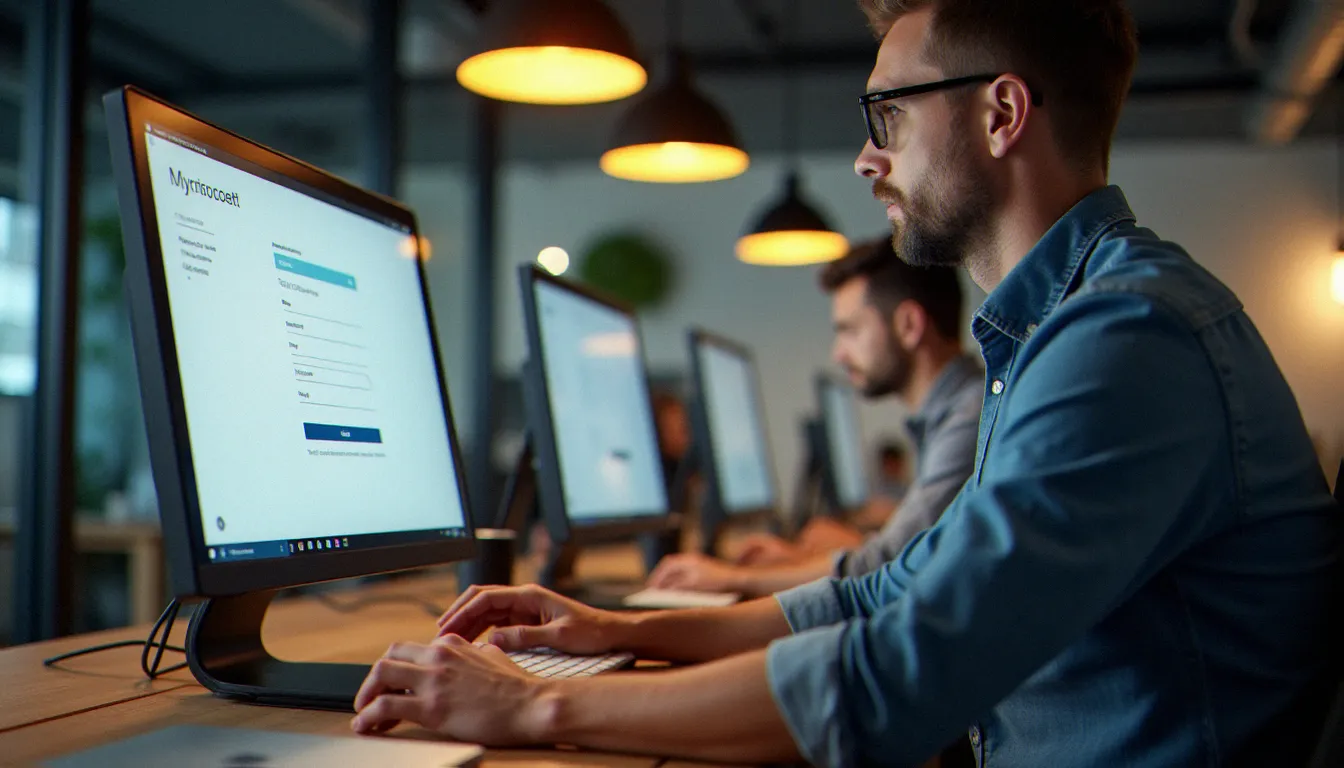 Dirigeant de PME configurant un compte professionnel Meta Business Suite sur ordinateur dans un espace de coworking moderne