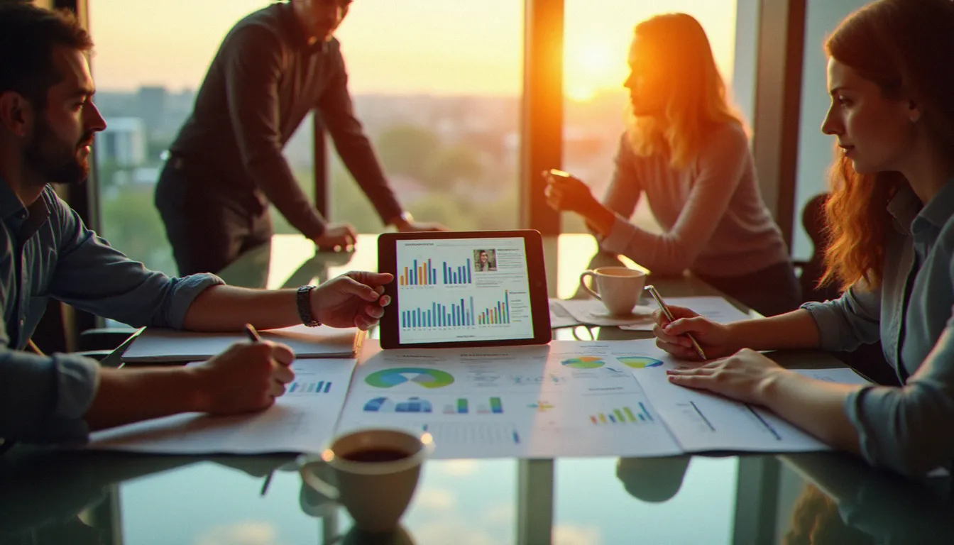 Équipe de trois collaborateurs d'une PME analysant ensemble les performances de leurs campagnes Meta Business Suite lors d'une réunion stratégique en fin de journée