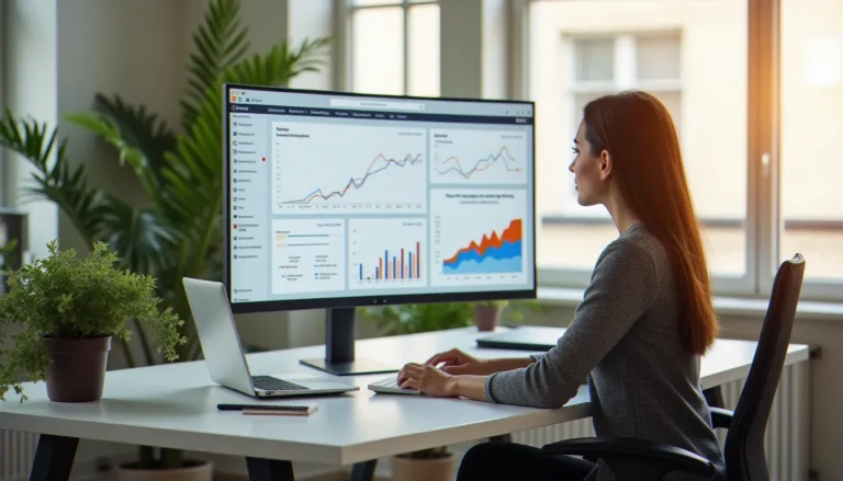 Femme entrepreneur gérant sa stratégie sur Meta Business Suite depuis un bureau moderne et lumineux à Paris