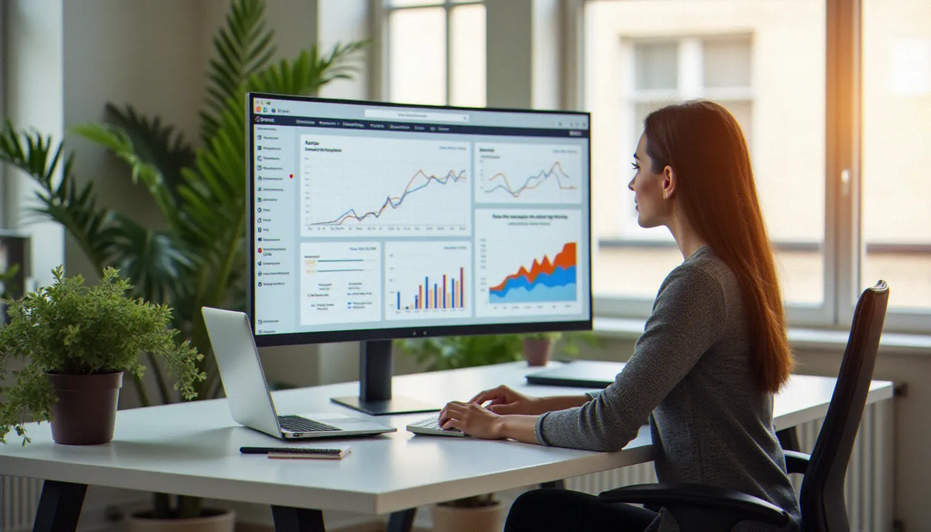 Femme entrepreneur gérant sa stratégie sur Meta Business Suite depuis un bureau moderne et lumineux à Paris
