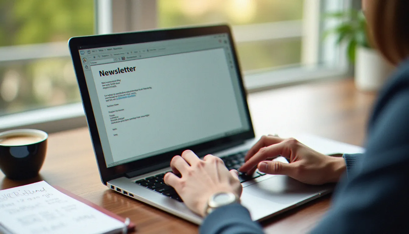 Rédaction d'une newsletter B2B sur ordinateur portable avec carnet de notes manuscrites sur un bureau en bois éclairé naturellement