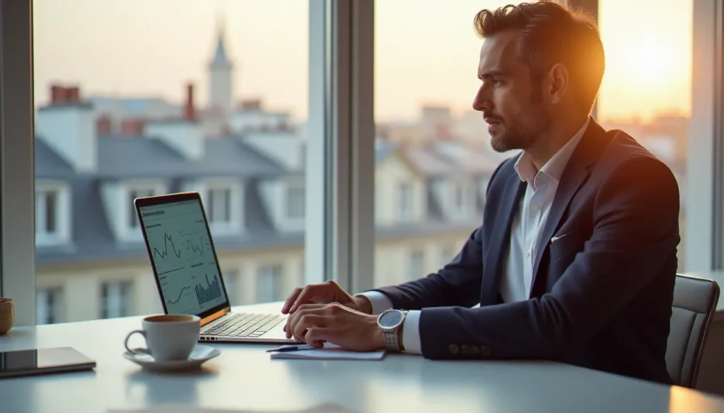 newsletter featured Consultant B2B analysant les performances d'une newsletter sur un ordinateur portable dans un bureau parisien lumineux avec vue sur les toits