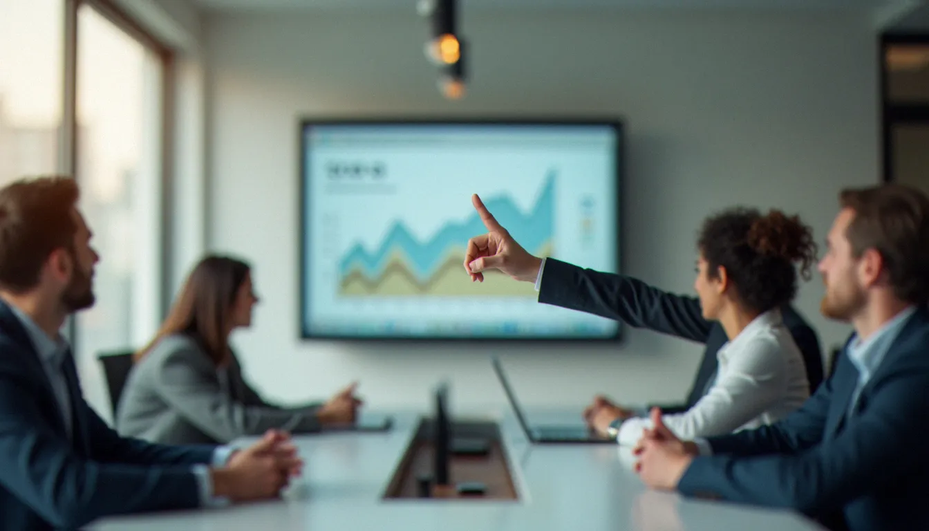 Professionnel présentant une grille de prix corporate structurée sur écran lors d'une réunion commerciale B2B en entreprise