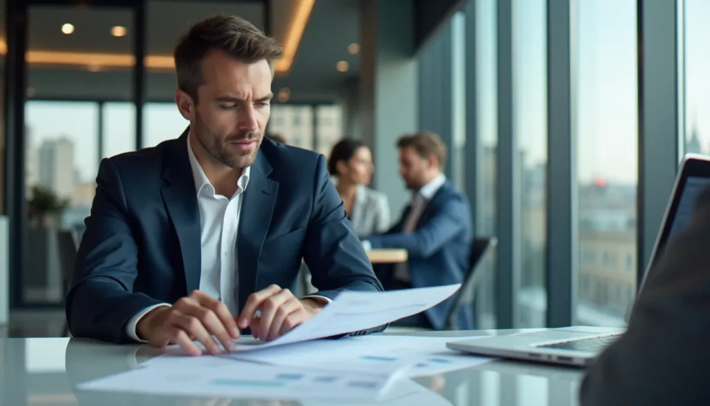 prix corporate featured Consultant analysant une stratégie de prix corporate dans un bureau moderne à Paris, documents tarifaires étalés sur une table de réunion en verre