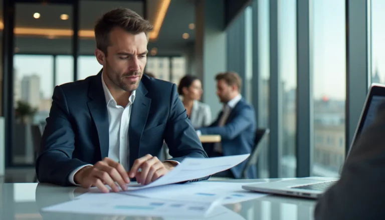Consultant analysant une stratégie de prix corporate dans un bureau moderne à Paris, documents tarifaires étalés sur une table de réunion en verre
