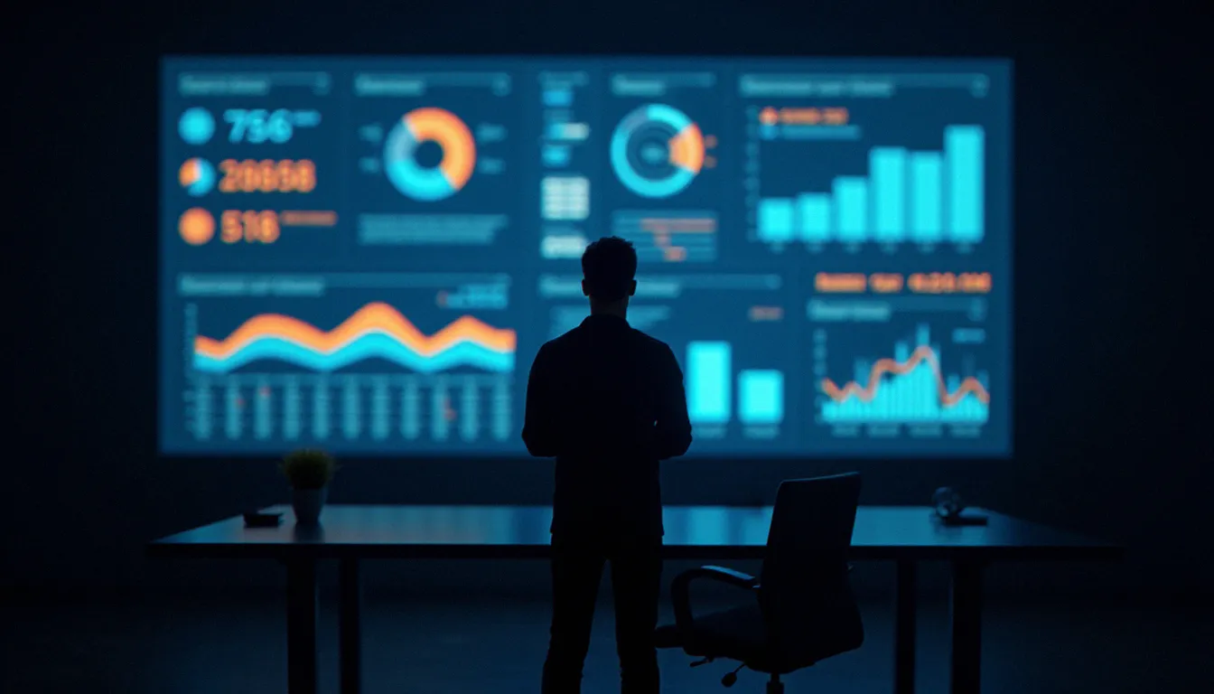 Analyste observant un tableau de bord de suivi de publicité numérique affiché sur grand écran avec indicateurs de performance et graphiques colorés