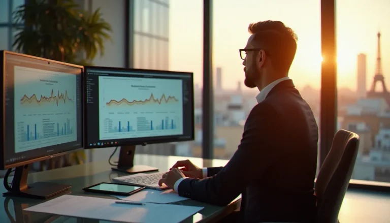 Consultant en stratégie analysant les performances d'une campagne de publicité digitale sur écrans dans un bureau parisien lumineux
