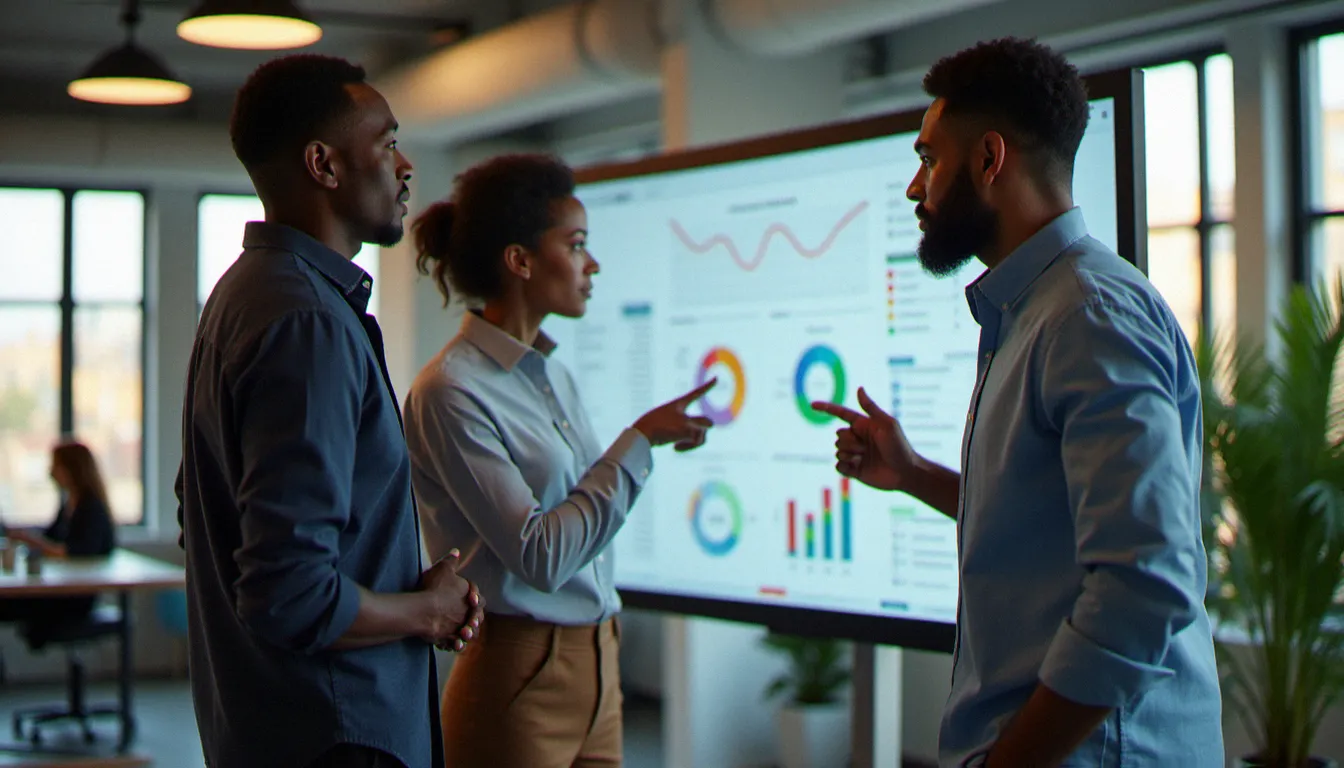 Une équipe marketing en réunion autour d'un écran analysant les statistiques de suivi de liens raccourcis et les performances de campagne digitale