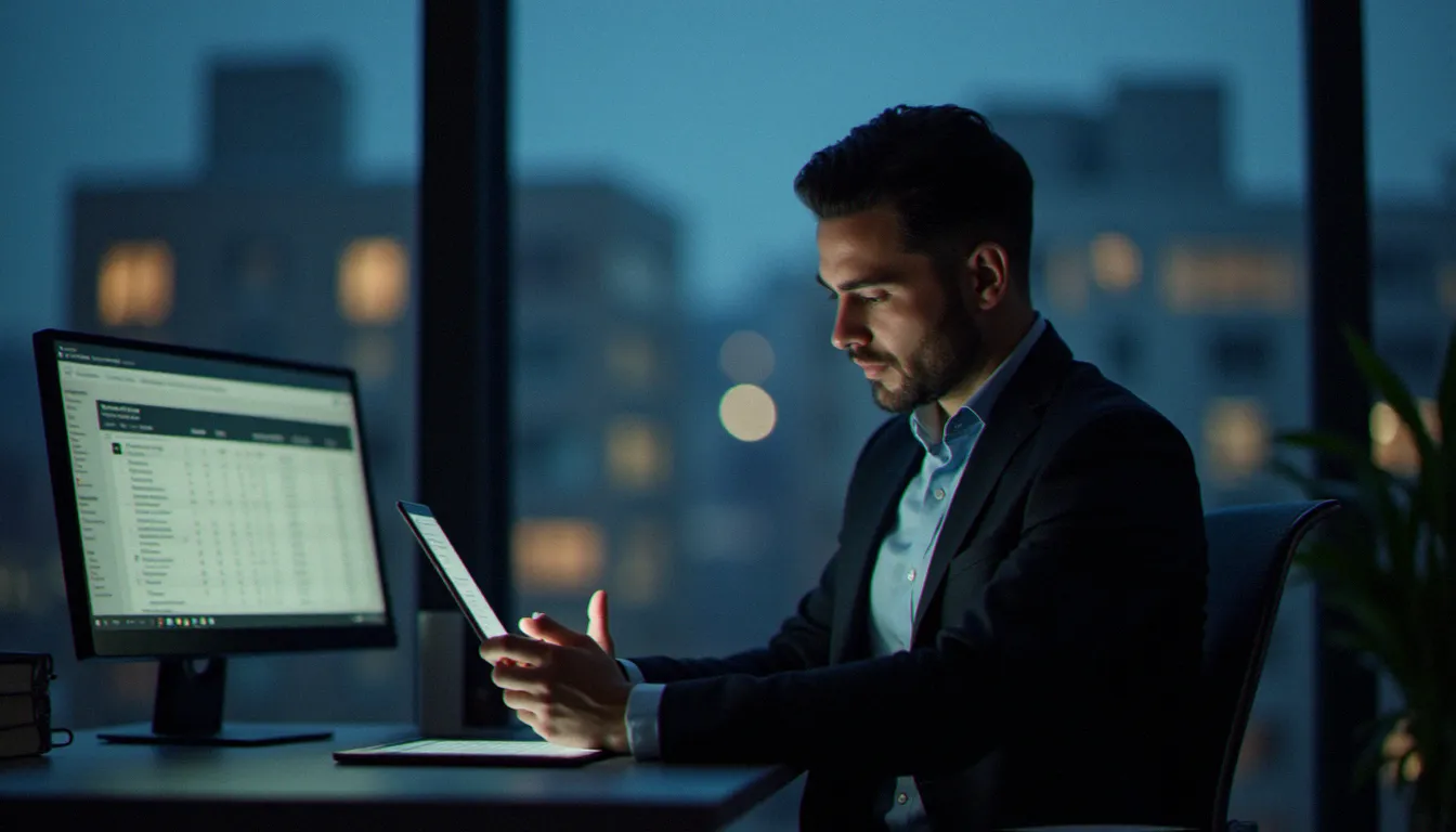 Un dirigeant d'entreprise évaluant seul les critères de sélection d'un réducteur de lien professionnel sur une tablette dans un bureau moderne en soirée