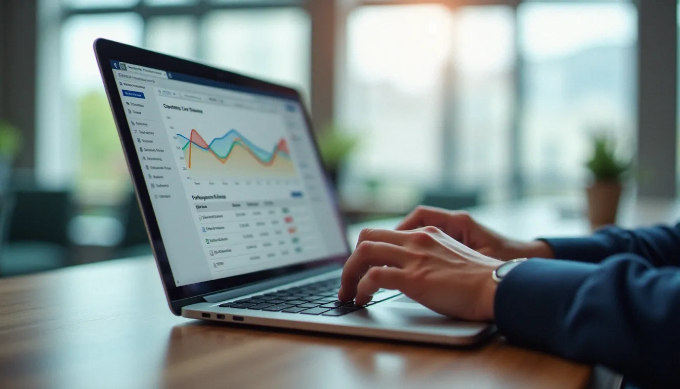 Un professionnel analysant les performances d'un réducteur de lien sur un tableau de bord analytics moderne dans un bureau lumineux