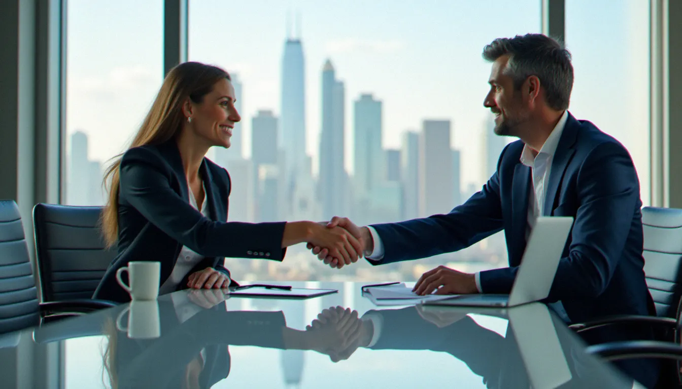 Deux professionnels B2B concluant un partenariat commercial avec une interface de réseau social visible en arrière-plan sur un ordinateur portable