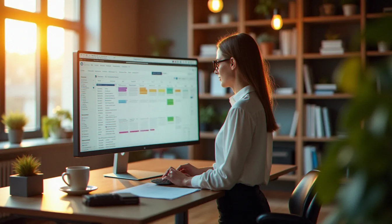Professionnelle B2B consultant un calendrier éditorial détaillé pour organiser sa stratégie de réseaux sociaux dans un bureau moderne et chaleureux