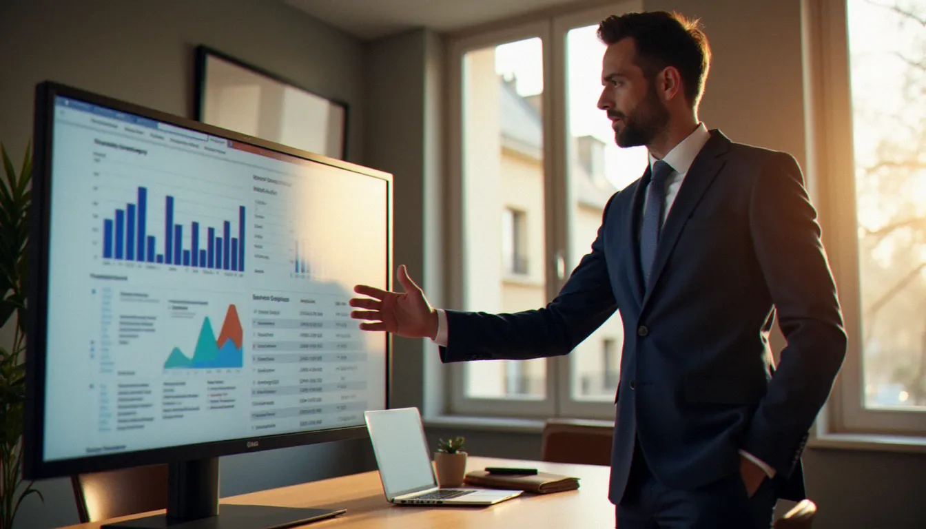 Consultant B2B présentant une stratégie de réseaux sociaux sur tableau de bord analytique dans un bureau parisien moderne et lumineux