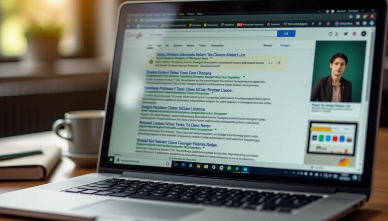 Écran d'ordinateur affichant une page de résultats de recherche Google illustrant le fonctionnement du référencement naturel