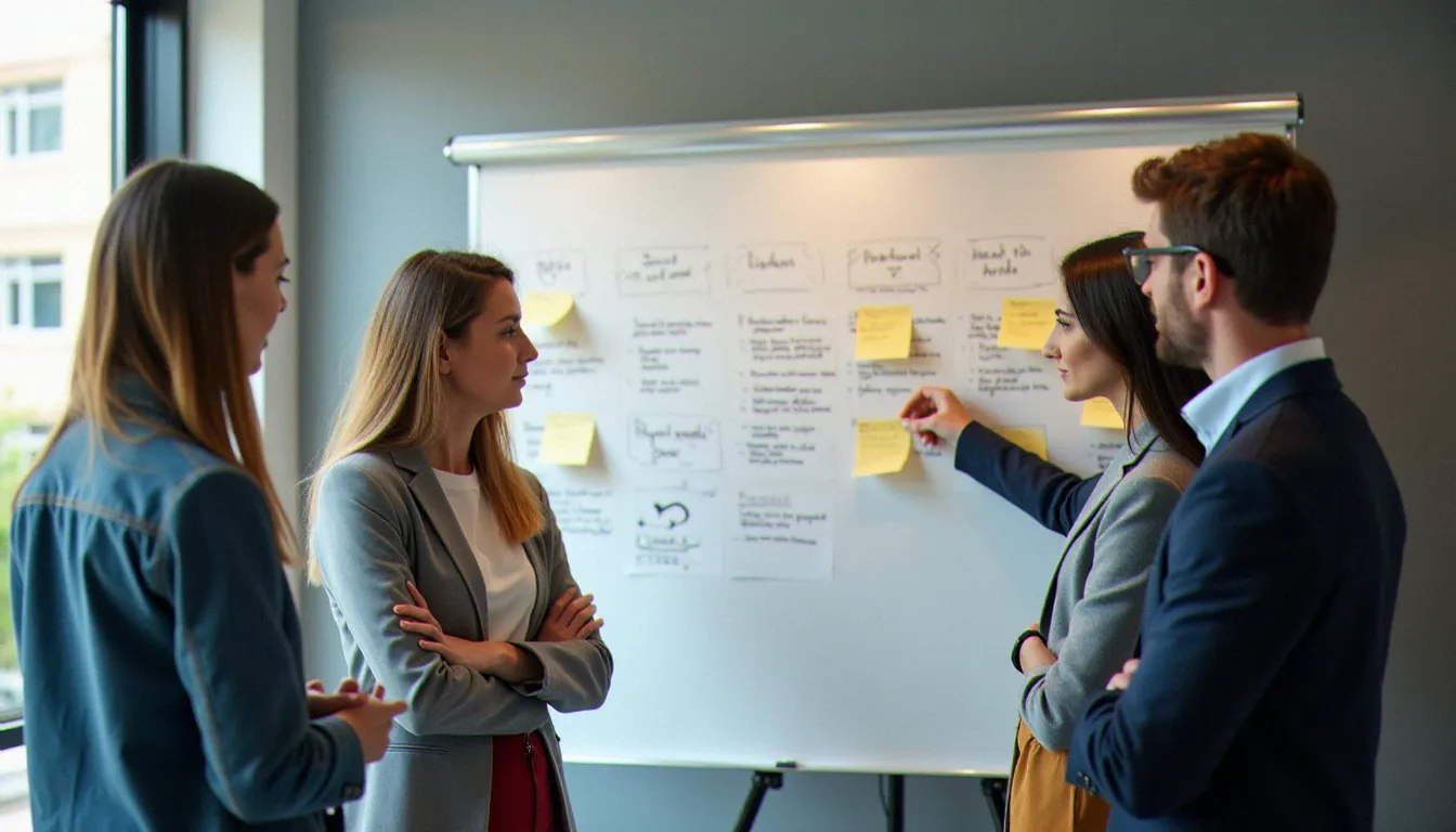 Équipe marketing discutant d'une stratégie de contenu SEO autour d'un tableau blanc dans une salle de réunion moderne