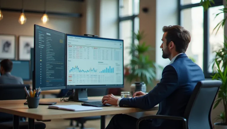 Consultant SEO analysant des données de positionnement sur un écran dans un bureau parisien moderne