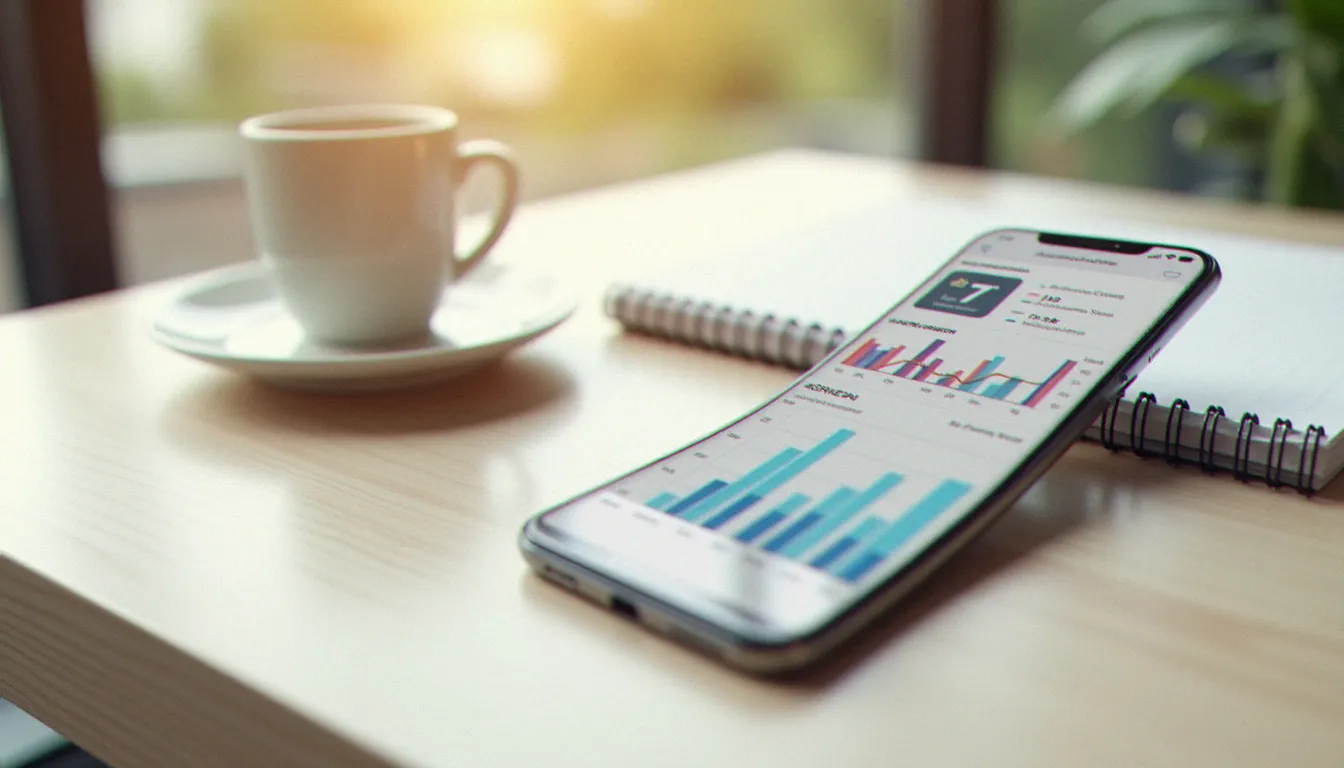 Un smartphone affichant un tableau de bord analytique avec des graphiques de performance des stories instagram, posé sur un bureau en bois avec des notes manuscrites, dans un contexte professionnel matinal