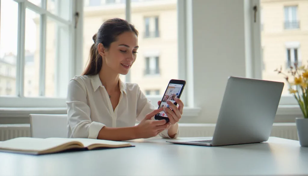 stories instagram featured Une professionnelle parisienne consultant des stories instagram sur son smartphone dans un bureau moderne et lumineux, illustrant l'usage stratégique des stories instagram pour les entreprises