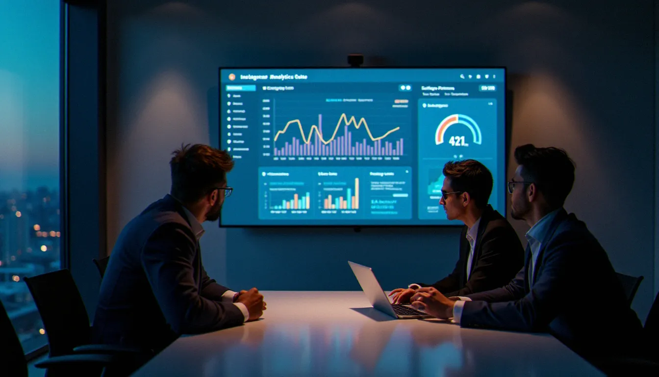 Équipe B2B en réunion stratégique analysant les performances de leurs stories insta sur un écran de présentation avec tableaux de bord analytiques