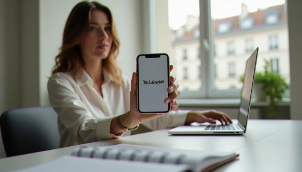 story insta featured Professionnelle B2B consultant une story insta sur son smartphone dans un bureau parisien moderne et lumineux