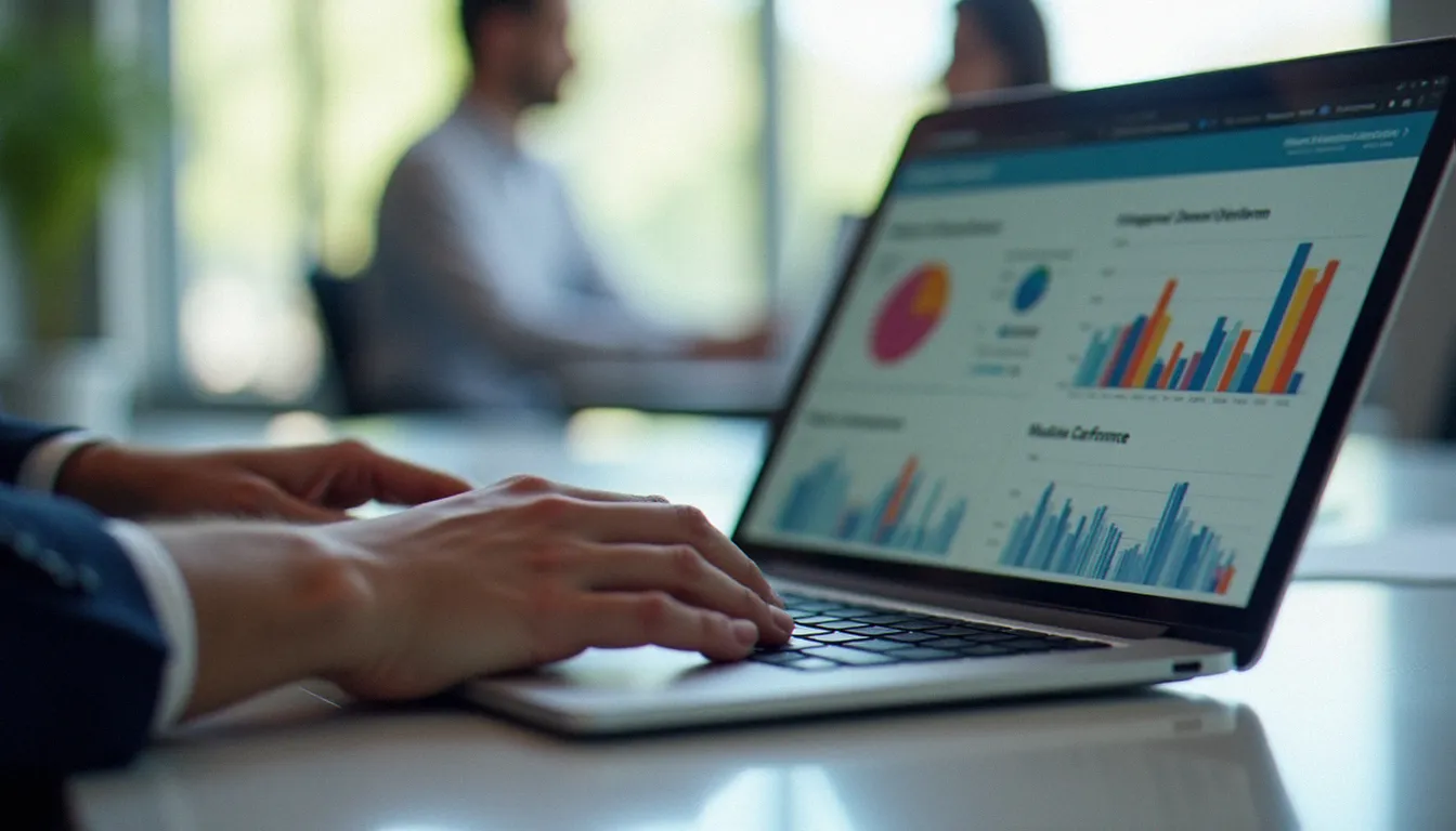 Mains d'un chef d'entreprise comparant des plateformes de création de sites web incluant wix wixsite sur un ordinateur portable dans un espace de travail moderne