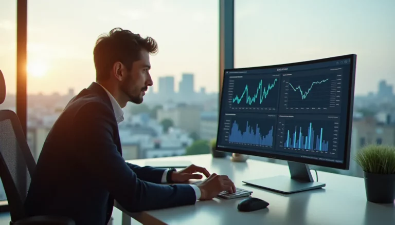 Consultant en stratégie digitale analysant les performances d'un site wix wixsite sur un écran d'ordinateur dans un bureau parisien moderne avec vue sur la ville