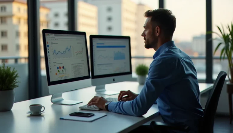 Consultant analysant des données de positionnement Yahoo Yahoo Search sur des tableaux de bord numériques dans un bureau parisien lumineux