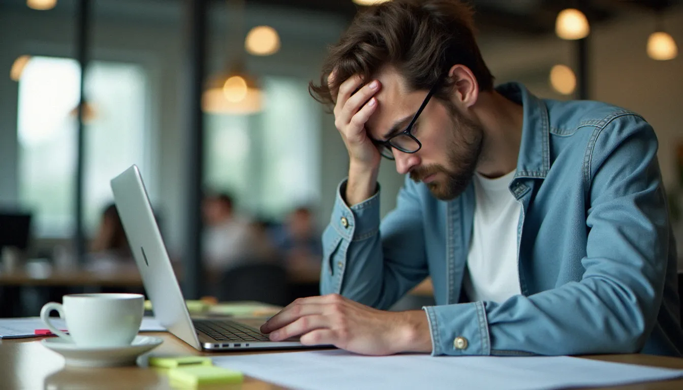 Un professionnel concentré relit un document sur son ordinateur portable dans un open space moderne, illustrant les difficultés orthographiques des anglicismes en milieu professionnel