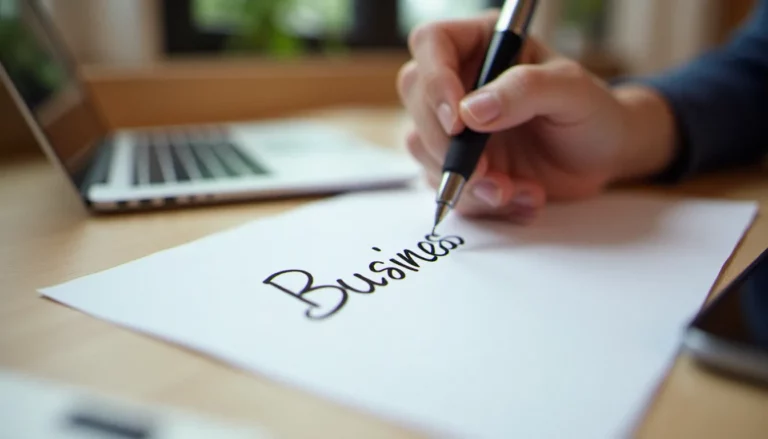 Une main professionnelle en train d'écrire le mot business à la plume sur une feuille blanche, illustrant la question de l'orthographe correcte de business