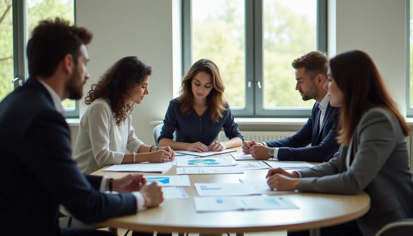 Équipe de PME française en réunion stratégique pour analyser les opportunités d'export via l'offre Business France