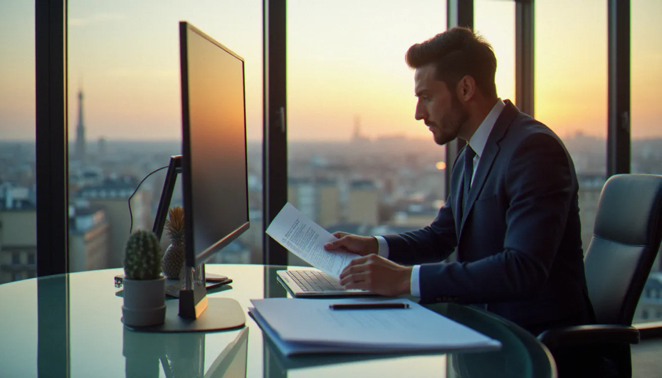 Dirigeant d'entreprise française consultant des documents sur les offres Business France dans un bureau moderne parisien