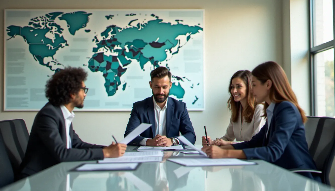 Équipe de PME analysant des rapports de marchés internationaux dans le cadre d'une stratégie export structurée via Business France