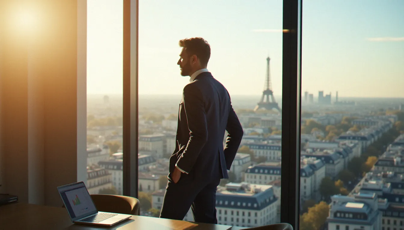 Entrepreneur français connecté à sa plateforme business france se connecter depuis un bureau parisien avec vue sur la ville