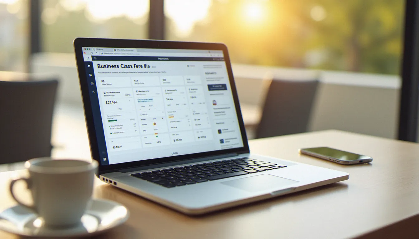 Écran d'ordinateur portable affichant une interface de comparaison de tarifs de billets d'avion business, outil d'analyse pour optimiser le prix avion professionnel