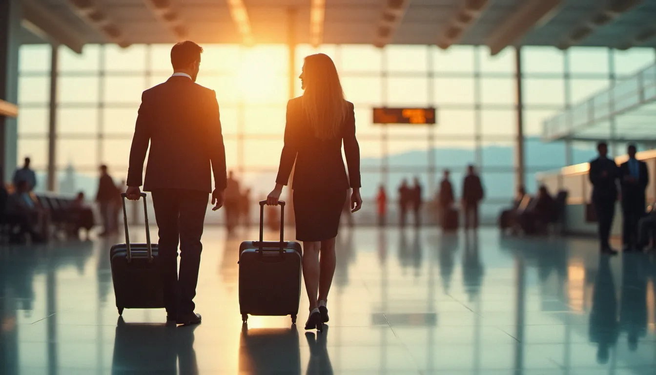 Équipe de trois professionnels en déplacement d'affaires traversant un terminal d'aéroport international, symbolisant l'impact de la politique voyages sur l'attractivité et la marque employeur