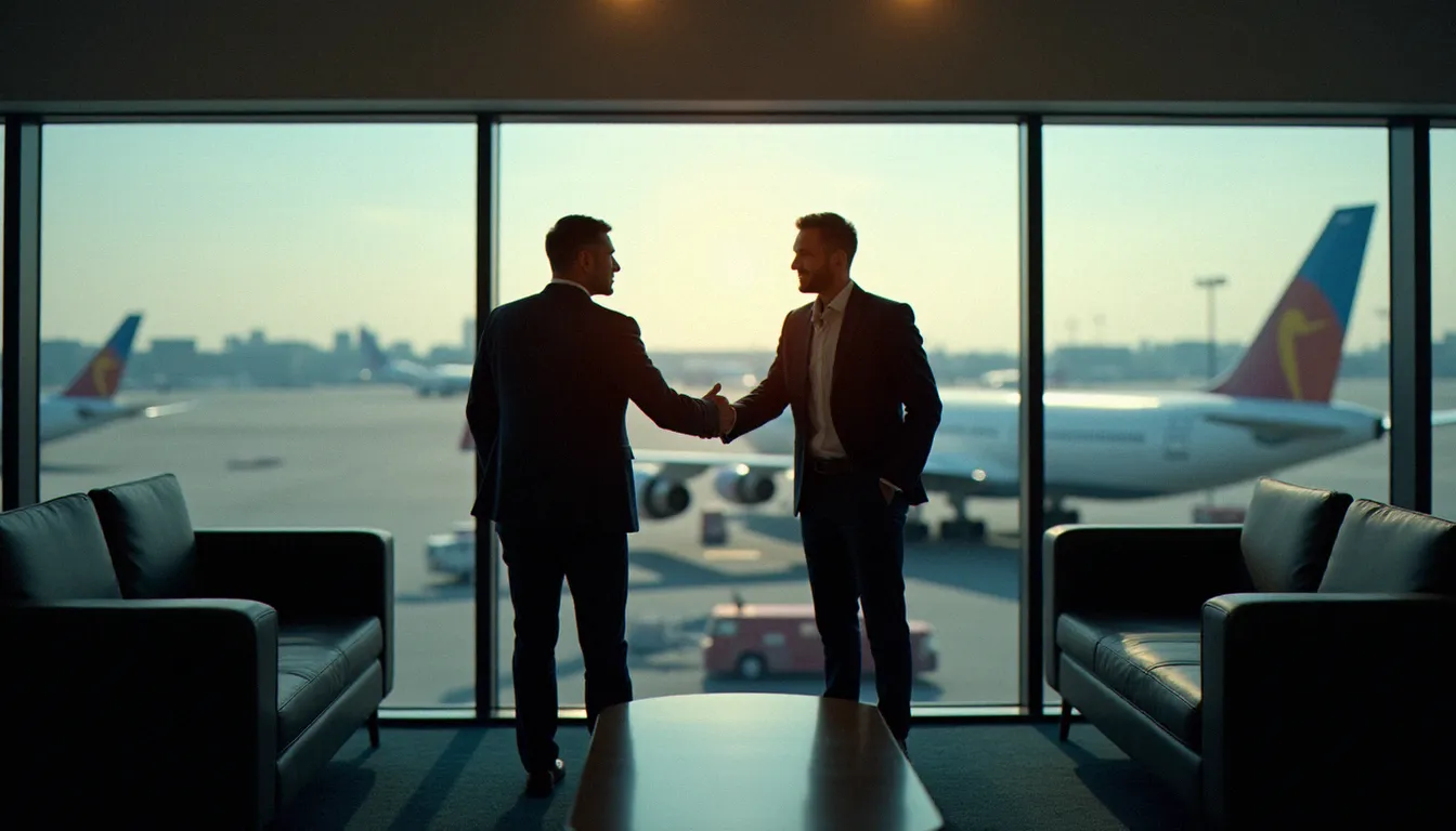 Deux professionnels concluant un accord dans un salon business d'aéroport, symbolisant la rentabilité d'une politique voyage en classe affaires bien gérée