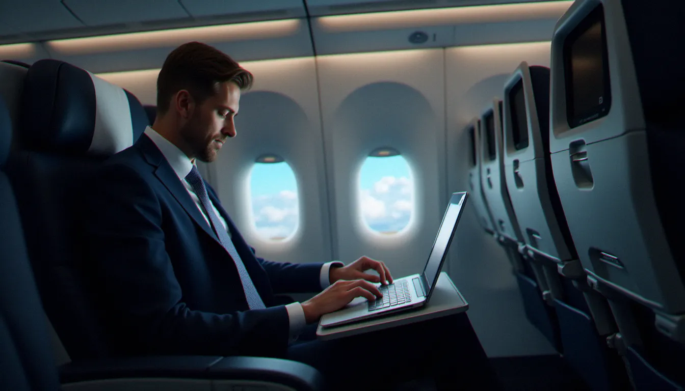 Cadre d'entreprise en classe business d'avion consultant des documents, illustrant les enjeux du business prix avion pour les déplacements professionnels