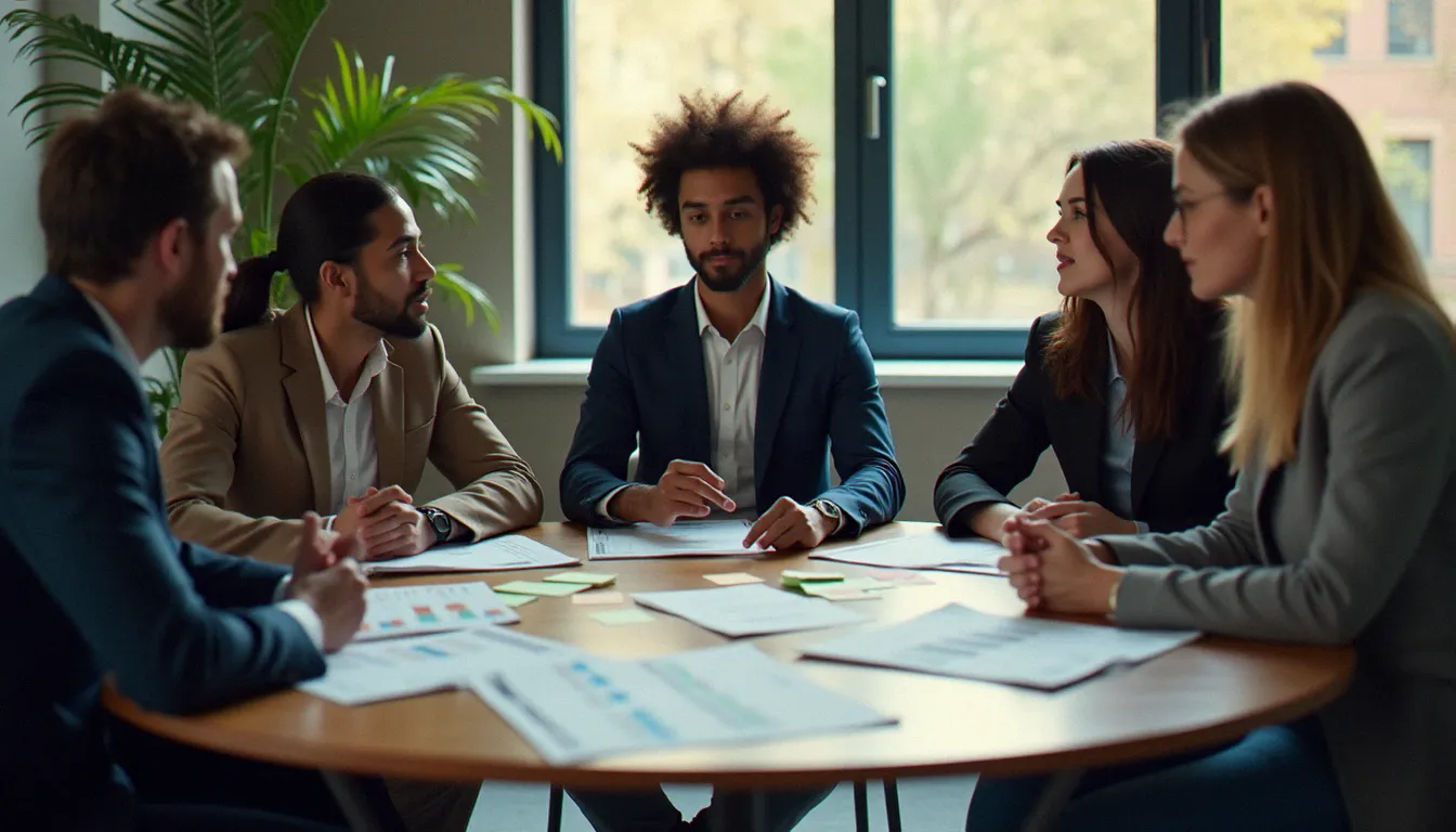Équipe B2B en réunion stratégique autour de modèles de corp prix documentés sur table de conférence